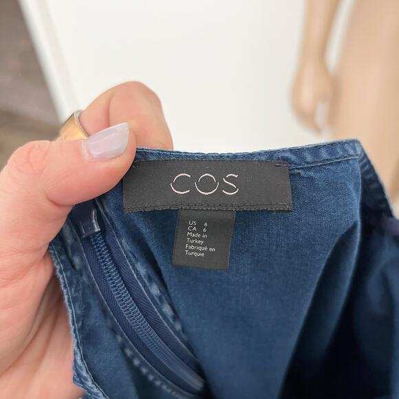 [COS] Blue Chambray Denim Half Sleeve Boat Neck Shift A-Line Mini Dress Size 6 - Picture 11 of 13